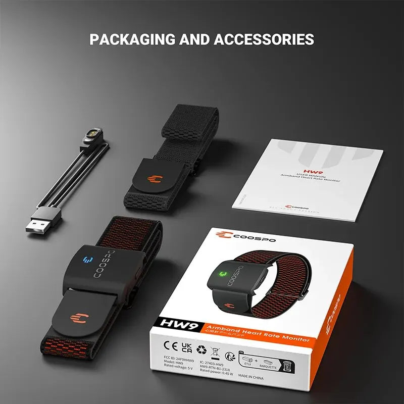 COOSPO HW9 Armband Heart Rate Monitor — HR Zones, Calories, BLE 5.0 & ANT+ for Peloton, Zwift & Wahoo