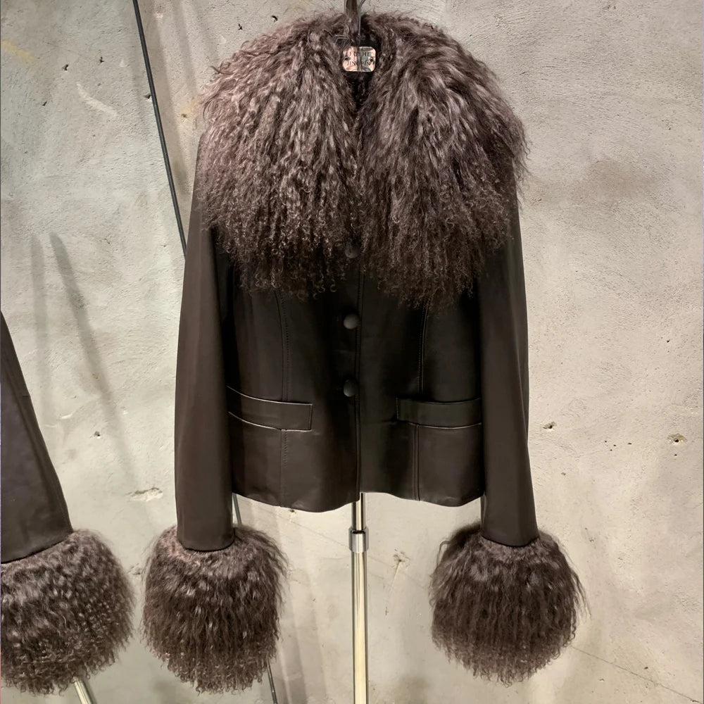 Fox Fur Collar Leather Jackets Women Autumn Luxury Natural Fox Fur Leather Jackets with Long Sleeve