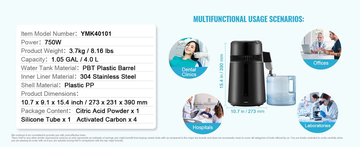 SucceBuy Water Distiller 4L — 750W Countertop Pure Water Purifier with Activated Carbon Filter