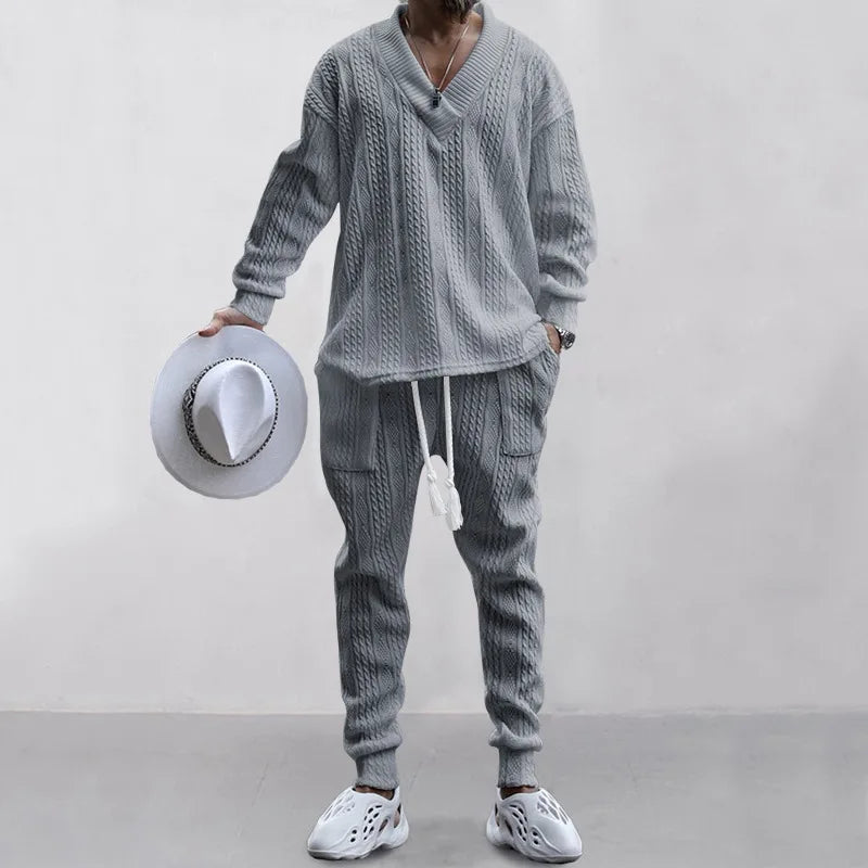 Men's Jacquard Knit Sweater & Casual Trousers Two-Piece Set