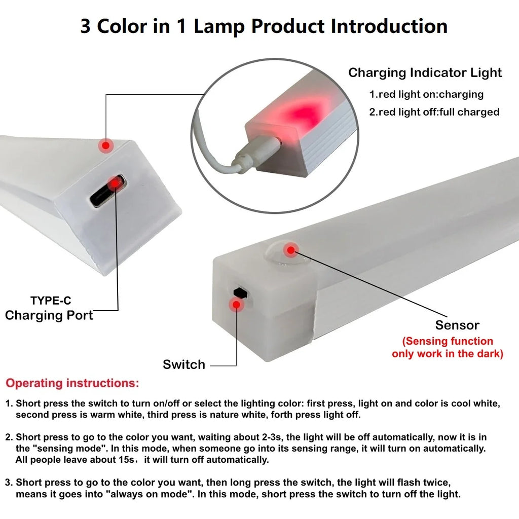 Wireless Motion Sensor LED Bar Light – USB-C Rechargeable, Magnetic Cabinet Lamp, 3 Color Temps, 4 Sizes