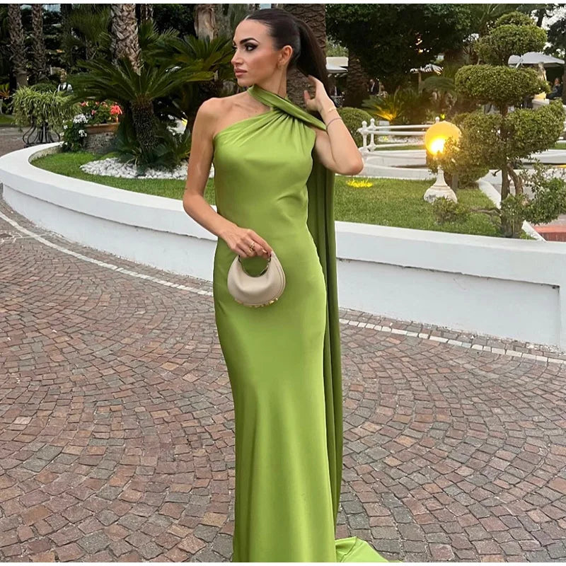 Sexy Satin Halter Backless Party Dress – Off Shoulder Sleeveless Solid Robe Gown 2026