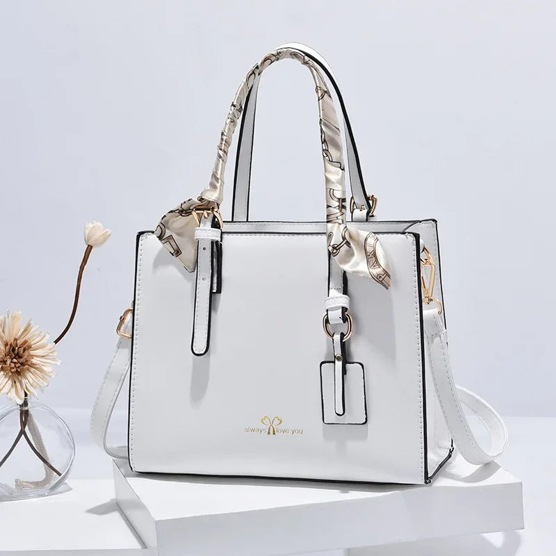 Elegant PU Square Tote Bag – Silk Scarf Crossbody Shoulder Handbag for Women