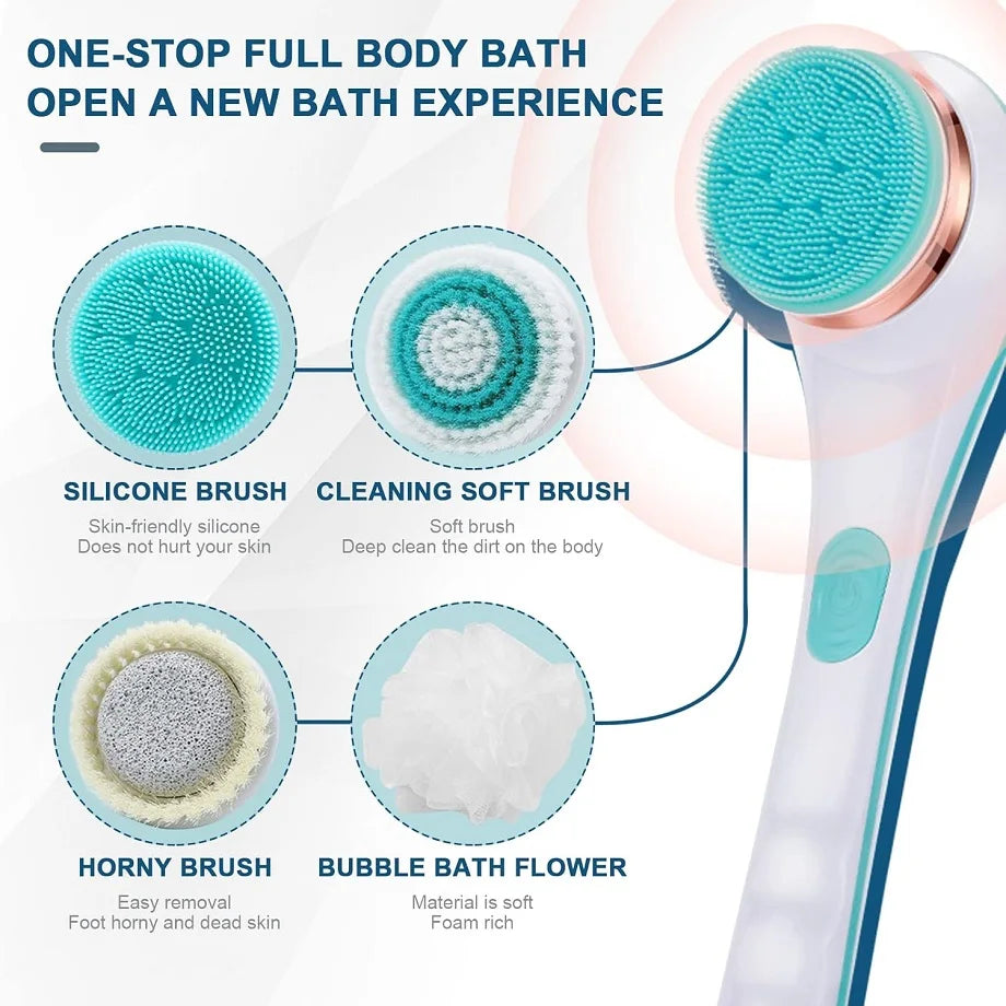 Electric Bath Brush with Long Handle – IPX6 Waterproof, 4 Replaceable Heads, Body Scrubber & Massager