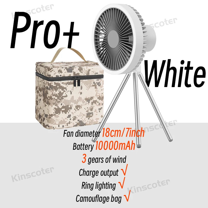 10000mAh Camping Fan – Rechargeable Portable Wireless Ceiling Fan with Power Bank & LED Lighting Tripod