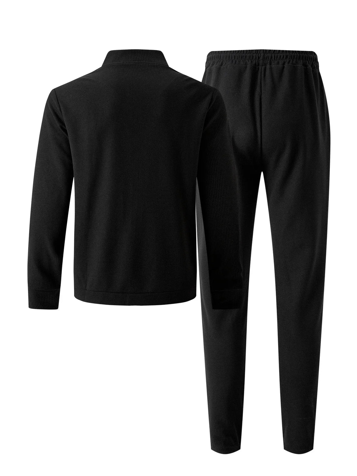 Men's Solid Color Waffle Knit Baseball Tracksuit – Stand Collar Zip Jacket & Drawstring Pants