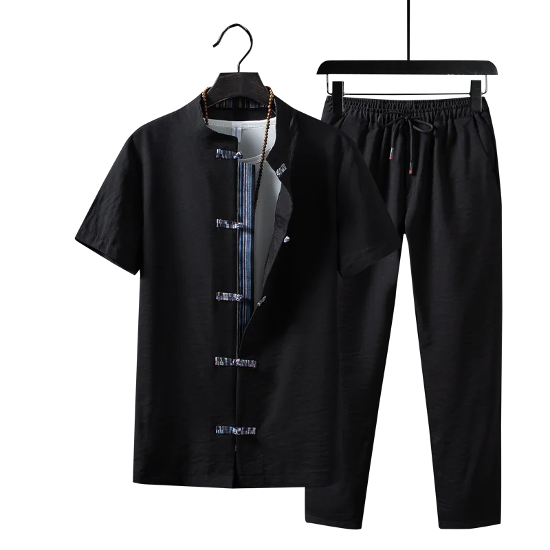 Men's 100% Cotton Linen Short Sleeve Shirt & Drawstring Pants Set