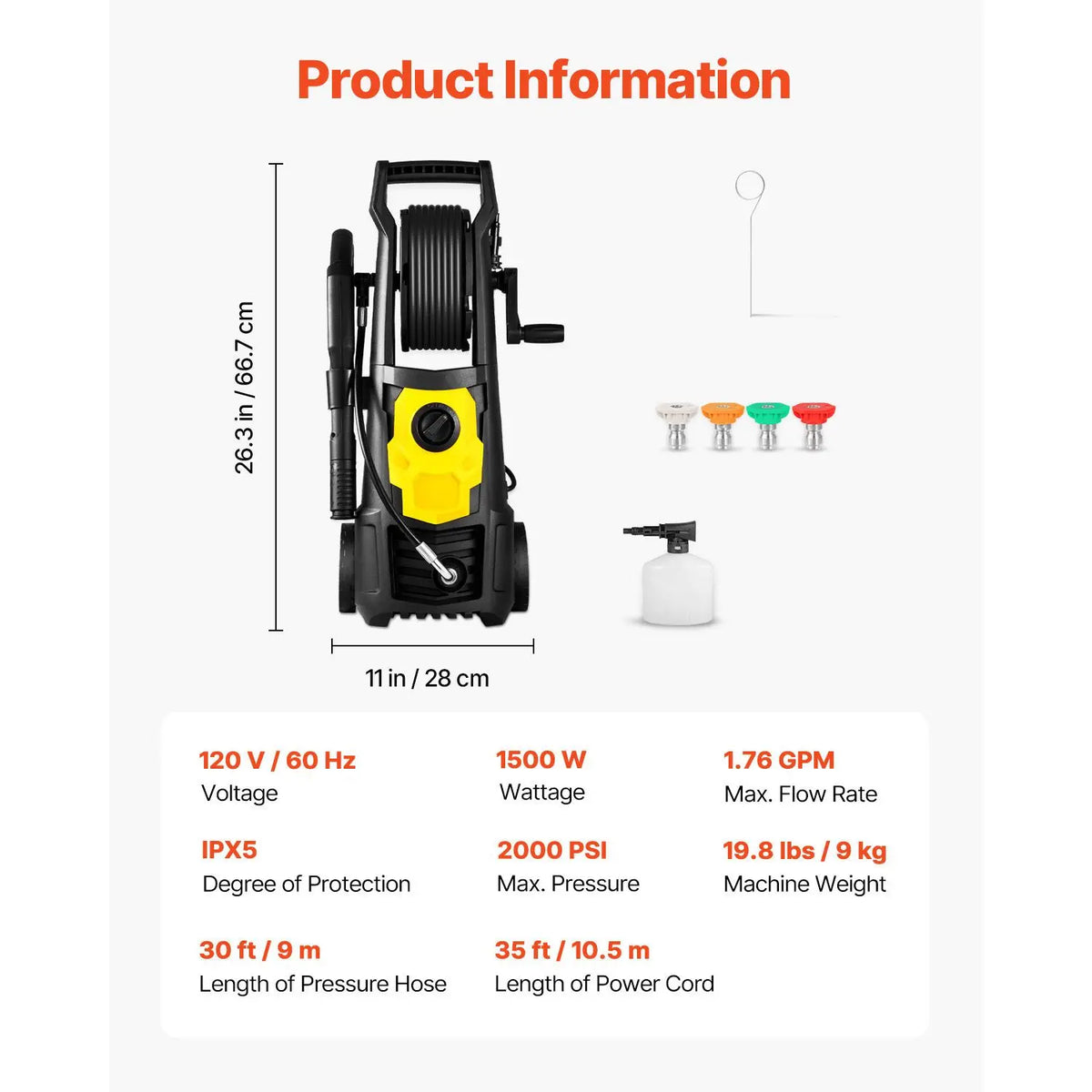 Electric Pressure Washer – 30-Foot Hose & Five Nozzles