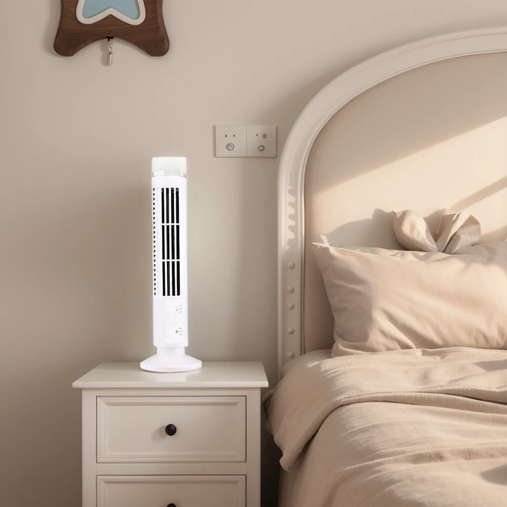 LED Bladeless Tower Fan — USB Powered, 2-Speed, Safe for Kids & Pets, Space-Saving Design