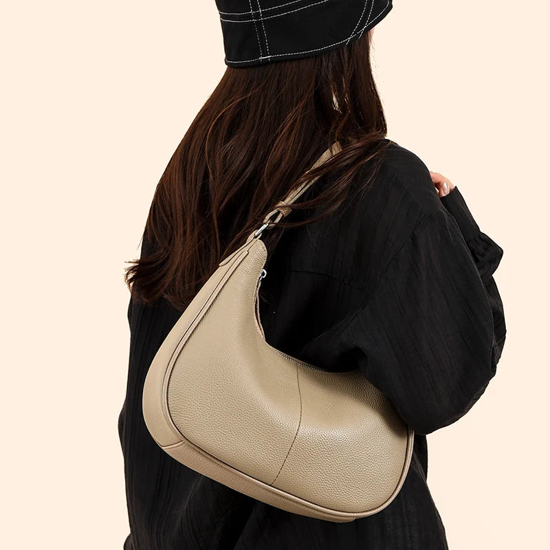 100% Genuine Cowhide Leather Half-Moon Underarm Tote Bag – Crossbody Shoulder Bag for Women