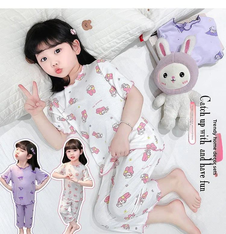 2026 Sanrio Kawaii Kids Pajamas Set | Hello Kitty & Kuromi 2-Piece Anime Loungewear