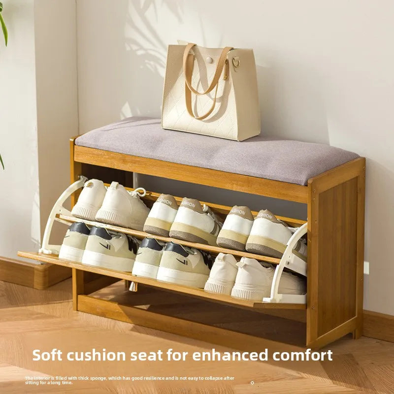 Bamboo & Wood Cushioned Shoe Stool — Entryway Bench