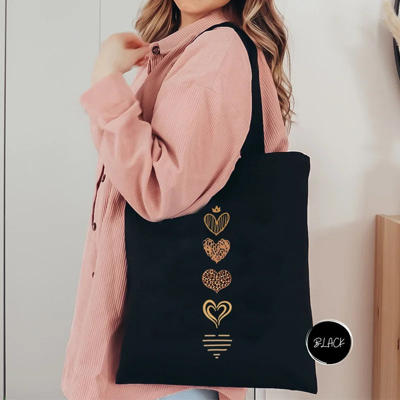 Large Capacity Canvas Shoulder Bag – Harajuku Watercolor Heart Print Shopper Tote