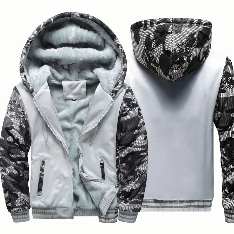 Men's Camouflage Fleece Hooded Zip Jacket – Thick Streetwear Coat for Autumn & Winter