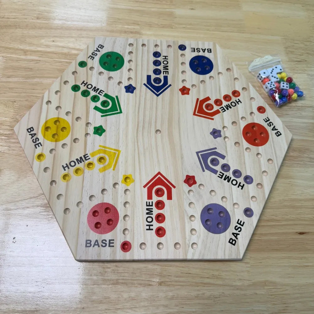Wahoo Marble Board Game – Double-Sided Wooden Fast Track Game for 4–6 Players, 24 Marbles & 6 Dice