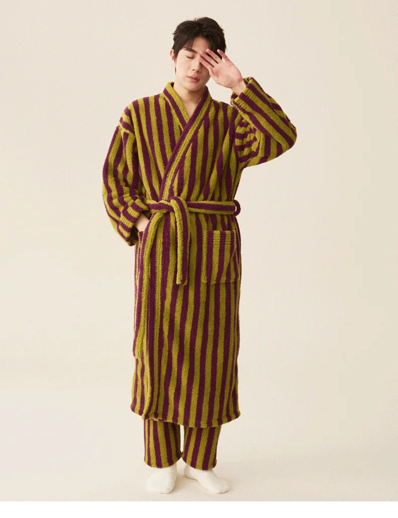 Women's Coral Velvet Striped Fleece Robe | Thick Plush Dressing Gown Loungewear