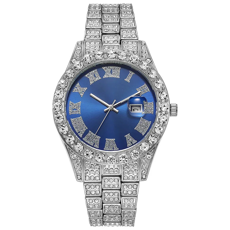 Men's Classic Golden Roman Rhinestone Quartz Watch | Steel Strap Calendar Fashion Wristwatch