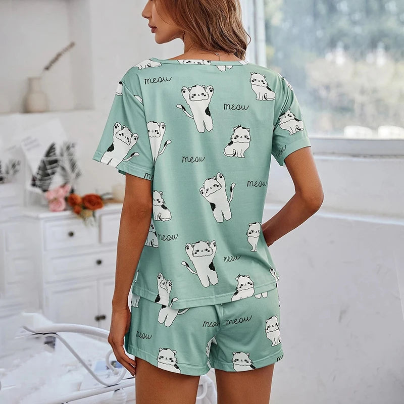 Cartoon Print 2-Piece Pajama Set — Short Sleeve Top & Pants