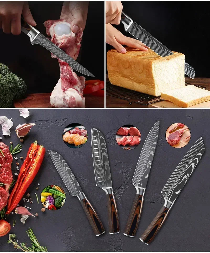 Damascus Kitchen Knife Set — Japanese Santoku, Cleaver, Slicing & Boning Knives