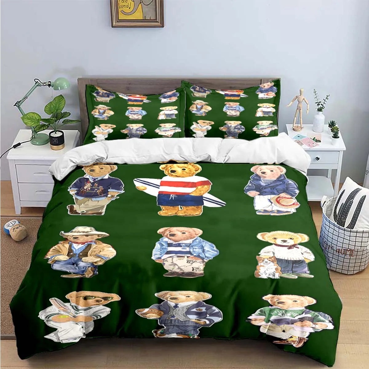 Cute Bear Print Bedding Set – Duvet Cover & Bed Linen, Single to King, Adults & Teens