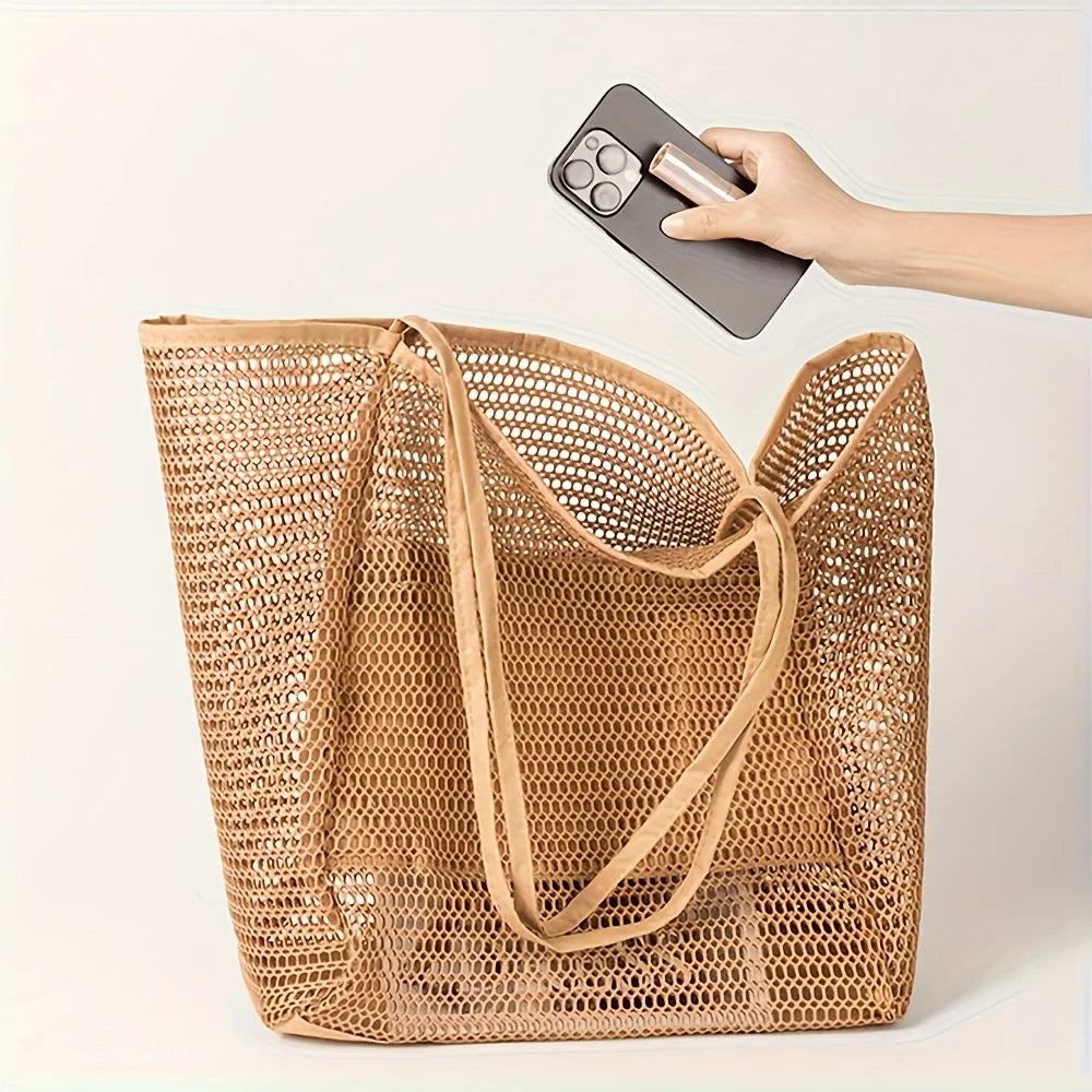 Women's Large Capacity Beach Tote Bag – Durable Polyester Woven Shoulder Bag for Travel & Shopping