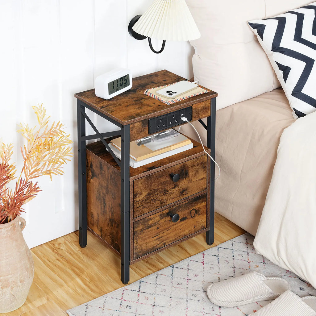 Bedside Nightstand with Built-In Charging Station — 2 AC Outlets & 2 Power Ports