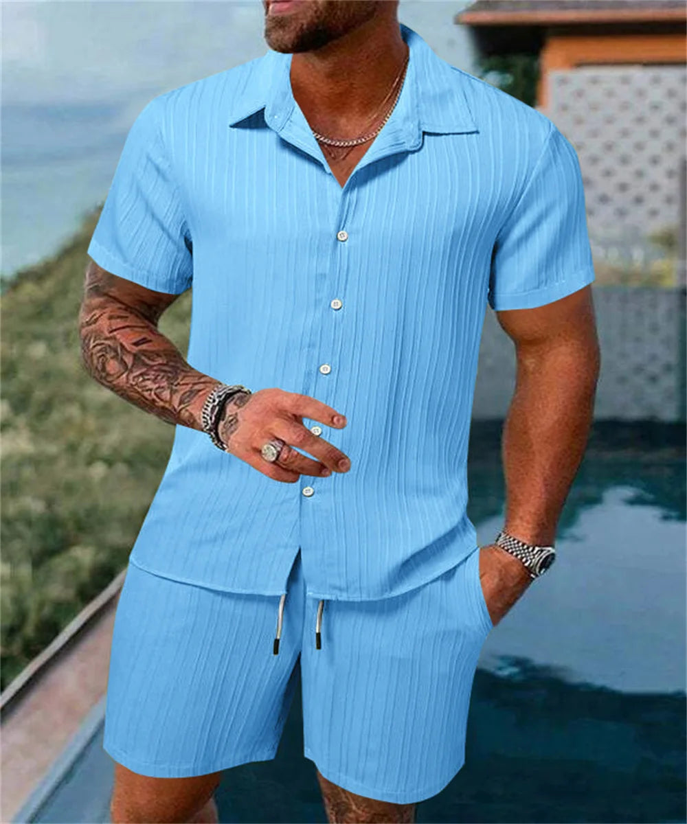 Men's Solid Color Casual Beach Shirt & Shorts Set – Loose Short Sleeve Outdoor Sport Summer 2-Piece