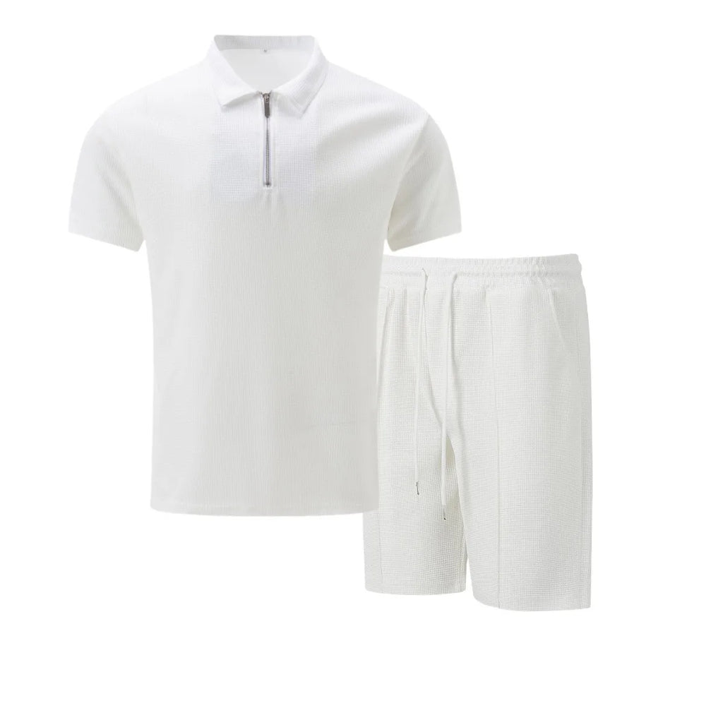 Men's Waffle Solid Color Zip Lapel Short Sleeve & Shorts Set – European Summer 2-Piece Suit