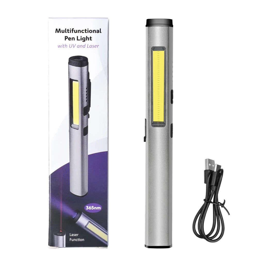 4-in-1 Rechargeable Pen Flashlight – UV, LED, COB & Red Laser with Magnetic Base for Work & EDC