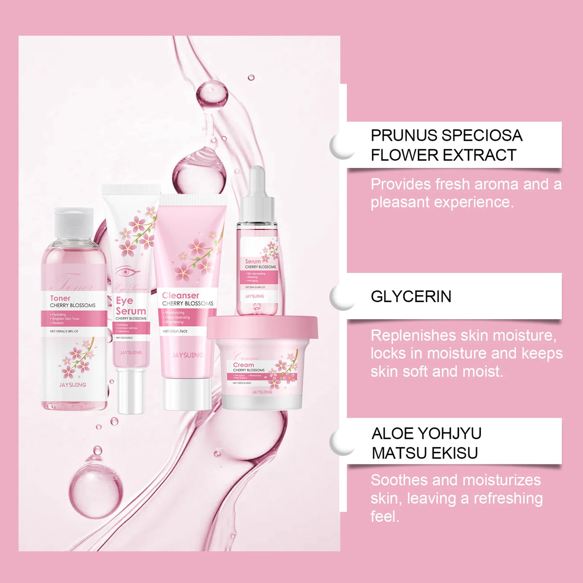 Sakura Skincare Set – Cherry Blossom Face Cream, Serum, Toner, Cleanser & Eye Cream for Women