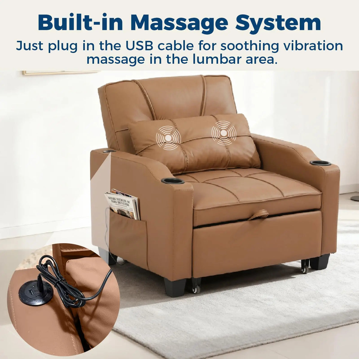 Faux leather convertible sleeper chair with plug-in vibration massage lumbar pillow