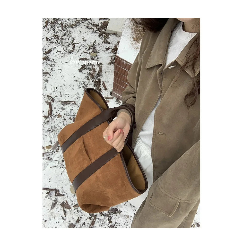 Large Capacity Retro Faux Suede Shoulder Tote Bag – Luxury Commuter Travel Handbag for Women