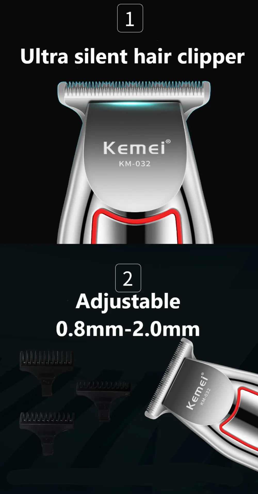 Kemei KM-032 Professional Hair Clipper & Beard Trimmer – Floating Head, Washable, USB Rechargeable