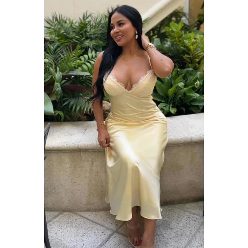 Butter Yellow Satin Bias Cut Lace Patchwork Midi Dress – V-Neck Backless Y2K Party Dress