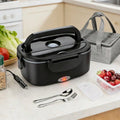 40W electric lunch box and 12V car food warmer for drivers, commuters, and mobile workers

A black electric lunch box with a handle and lid, shown on a kitchen counter with utensils, a car power adapter, a gray lunch bag, and fresh food items.