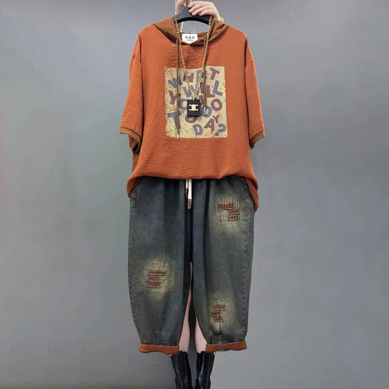 Women's Loose Plus Size Denim Jeans Two-Piece Set | Hooded Printed Casual Fashion Suit