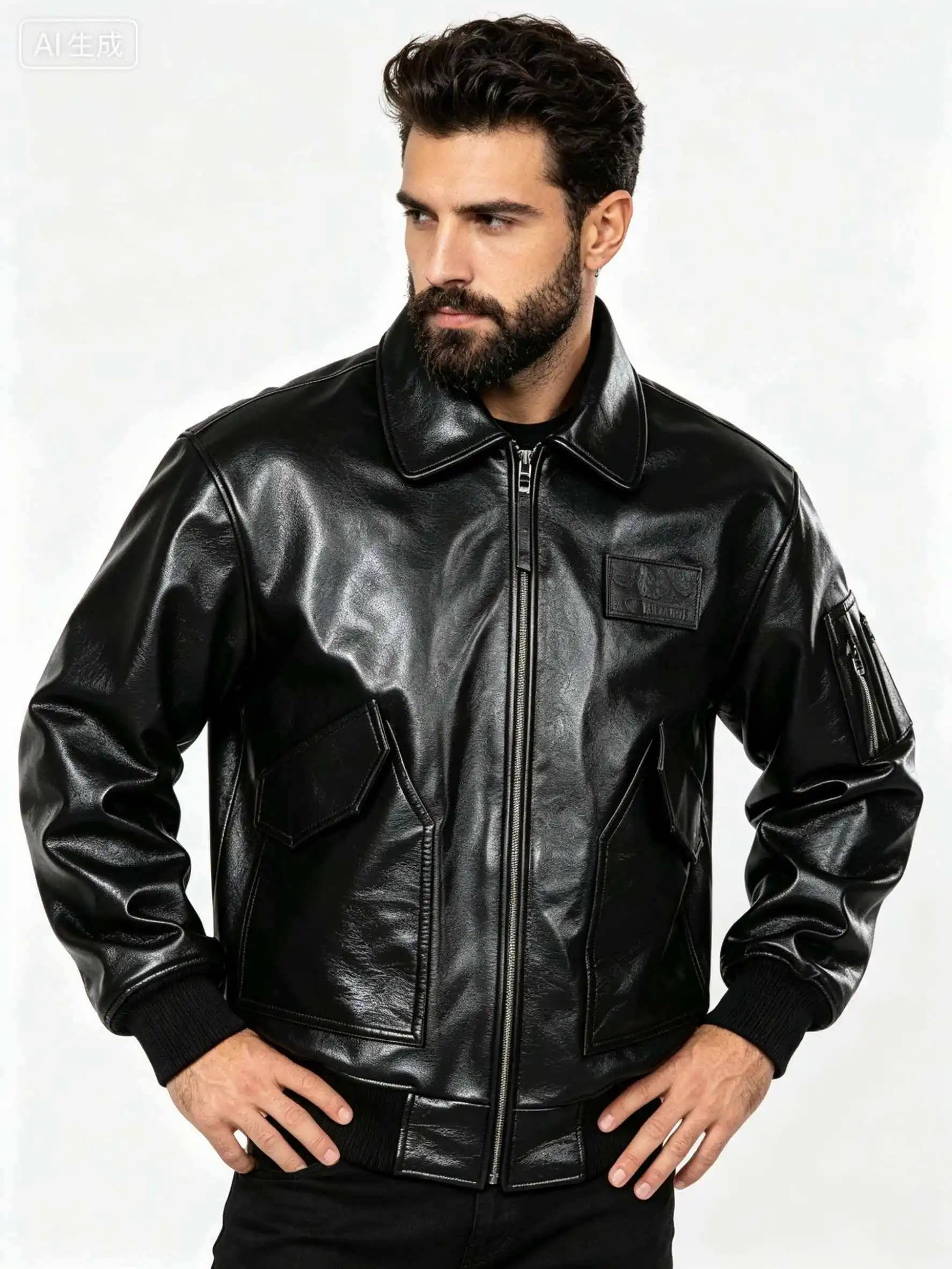 Men's Black Glossy Genuine Cowhide MA-1 Flight Jacket — Military Bomber with Point Collar