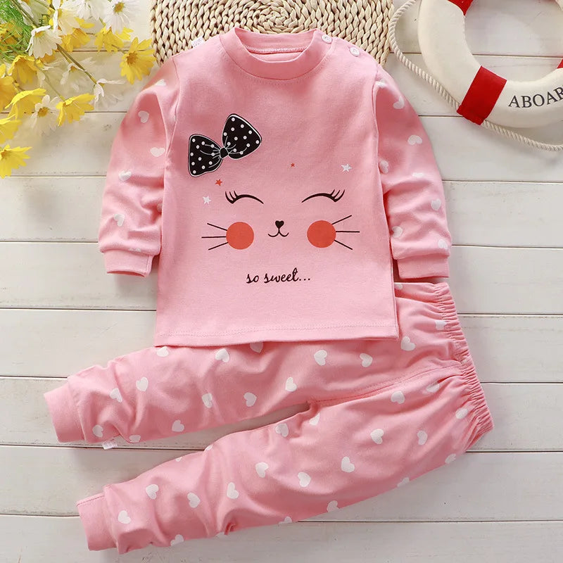 Baby Girl Cartoon Cat Pajamas Set | Long Pants & T-Shirt 2-Piece Girls Clothes 0-6 Years