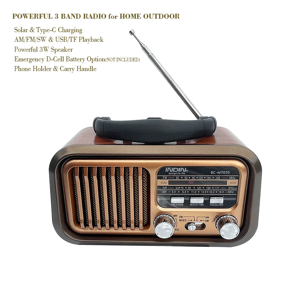 Portable Vintage Retro Radio — AM/FM/SW, Bluetooth, Solar & Battery Powered with Phone Stand