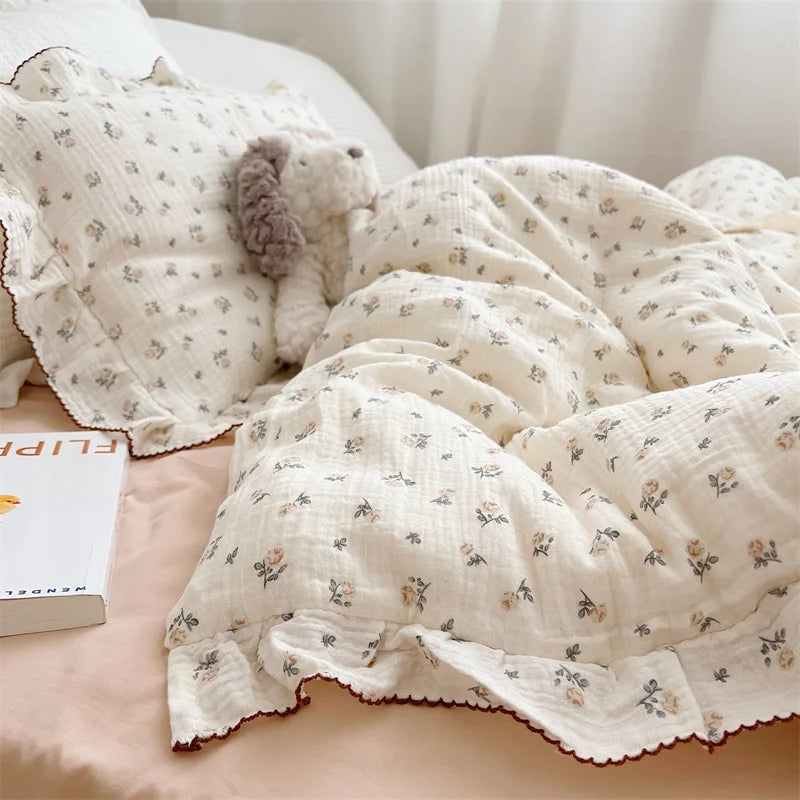Princess Ruffle Bedding Set – 100% Cotton Gauze Duvet Cover with Pillowcases, Floral, 3-Piece