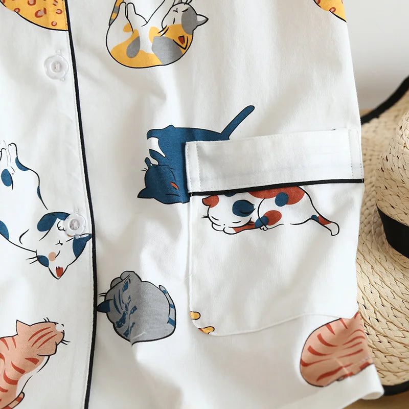 Women's Japanese Style 100% Cotton Cartoon Pajama Set | Short Sleeve & Shorts Sleepwear