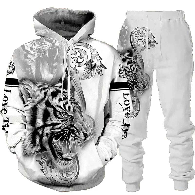 Men's 3D Tiger Print Hoodie & Pants Tracksuit Set – 2-Piece Sportswear
