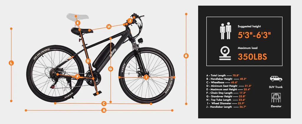 An electric bicycle shown on a light gray background with orange measurement lines indicating key dimensions, alongside a black specification panel listing height, maximum load, tire width, and other fitment details.