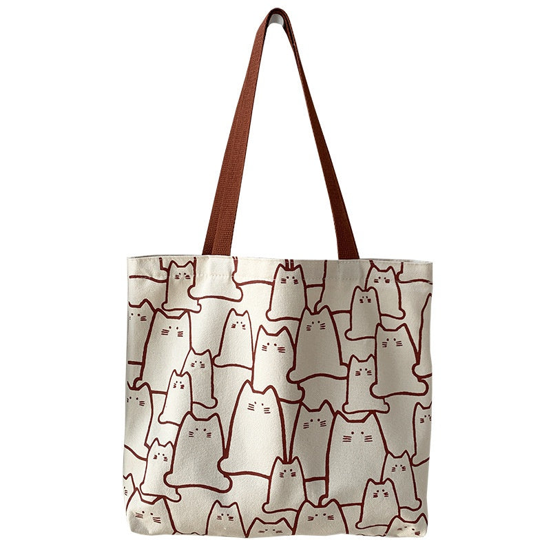 Cute Cat Canvas Tote Bag – Japanese Style Cartoon Shoulder Bag with Zipper for Women