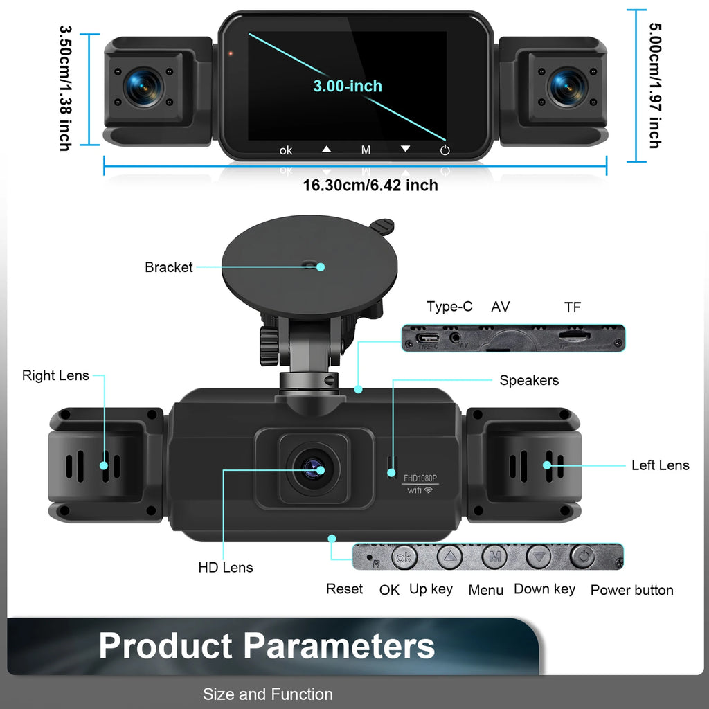 4-Channel WiFi Dashcam – FHD 1080P, Night Vision, Loop Recording, Parking Monitor | Front + Rear + Side