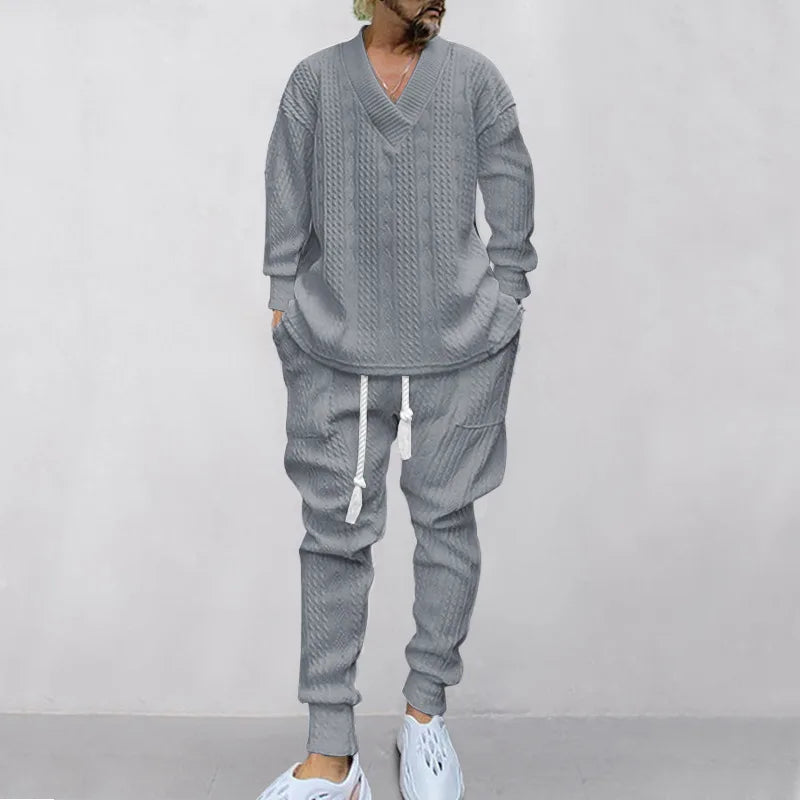 Men's Jacquard Knit Sweater & Casual Trousers Two-Piece Set