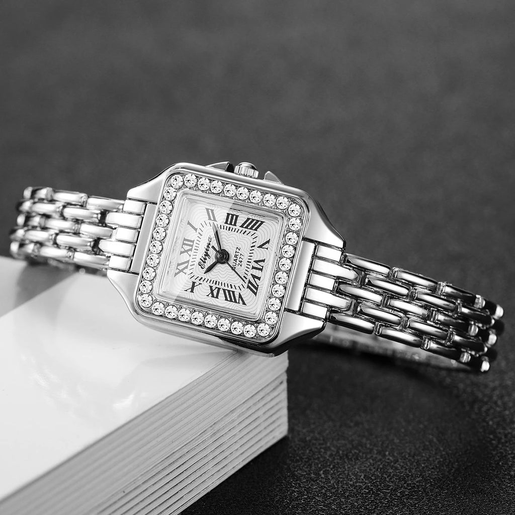 Women's Elegant Rhinestone Square Quartz Watch | Roma Dial Fashion Ladies Wristwatch