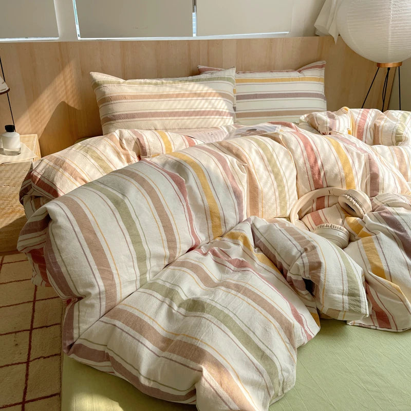 100% Cotton Stripe Bedding Set – Duvet Cover with Pillowcases, Twin to King