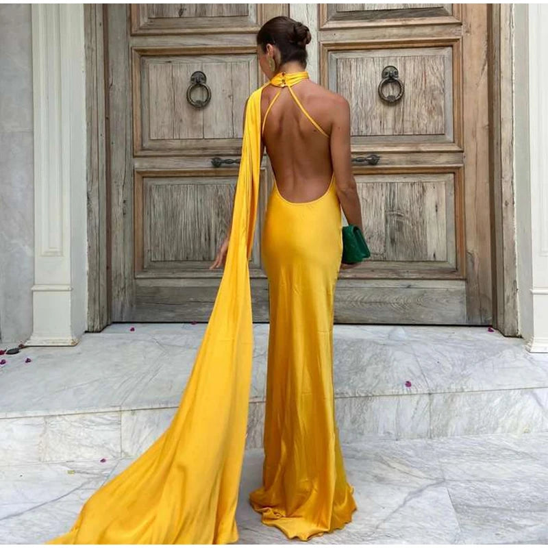Sexy Satin Halter Backless Party Dress – Off Shoulder Sleeveless Solid Robe Gown 2026