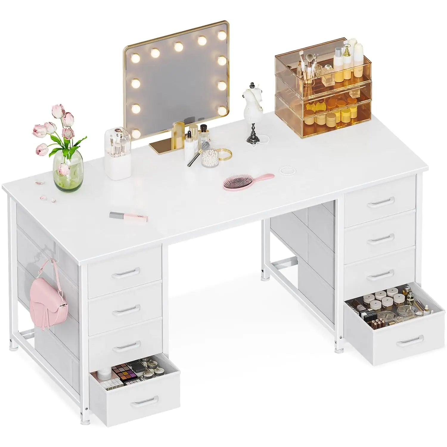 48" White Computer Desk with 8 Fabric Drawers — Large Storage Home Office, Study & Gaming Desk